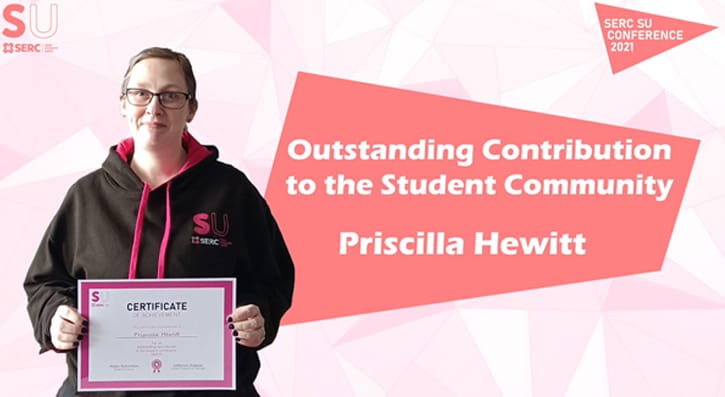 SU Award Graphic, featuring Priscilla Hewitt holding her certificate, text saying Outstanding Contribution to the Student Community Priscilla Hewitt